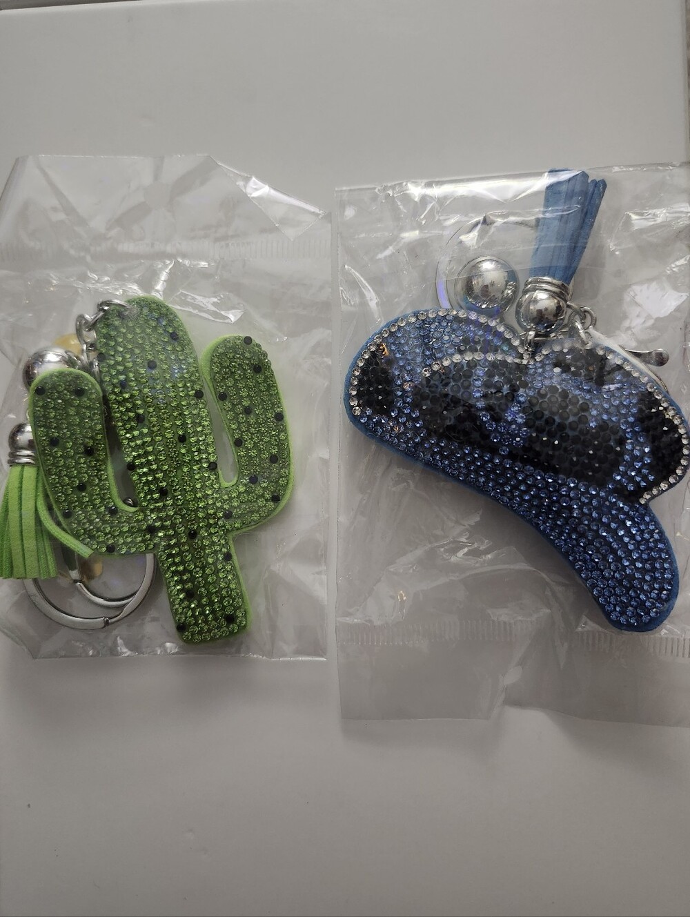 Crystal Cowgirl Hat & Cactus Keychain Set - Green & Blue